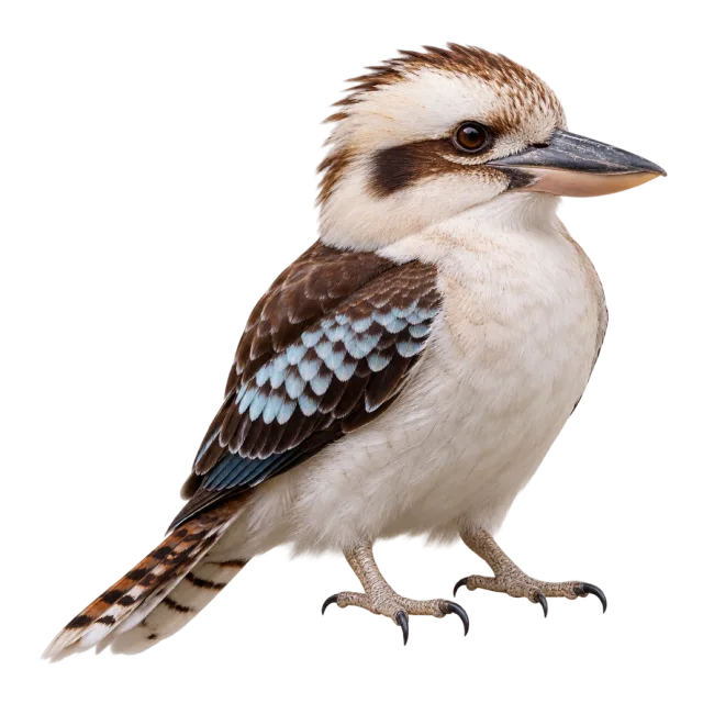 Realistic-style illustration of kookaburra with brown and cream plumage with a dark eye stripe