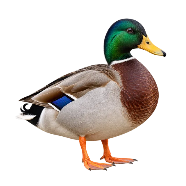 Realistic-style illustration of mallard duck with a green head and orange feet