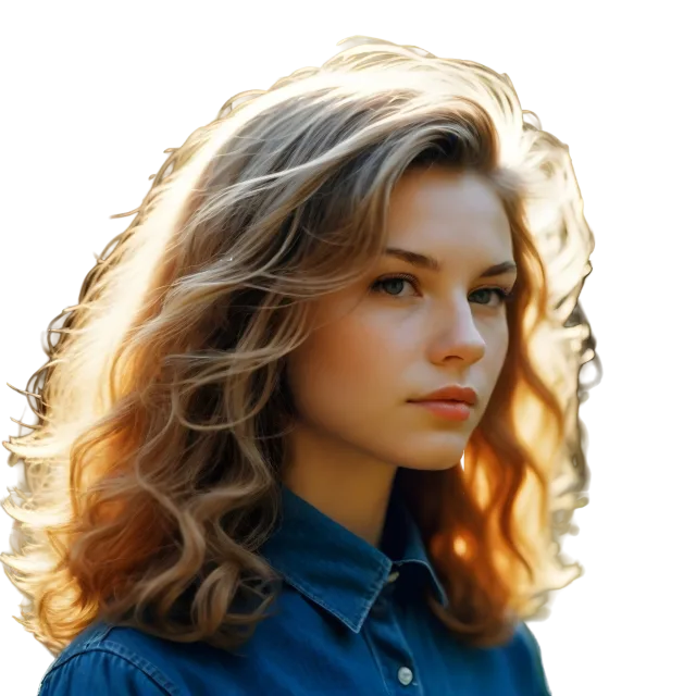 Side portrait of a woman with golden wavy hair and a dark blue shirt on a transparent background