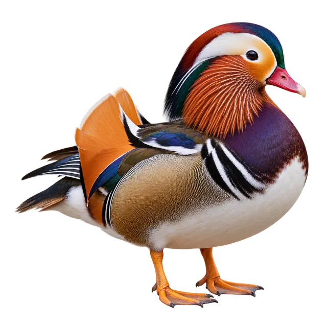 Realistic-style illustration of mandarin duck with colorful orange and patterned wing feathers
