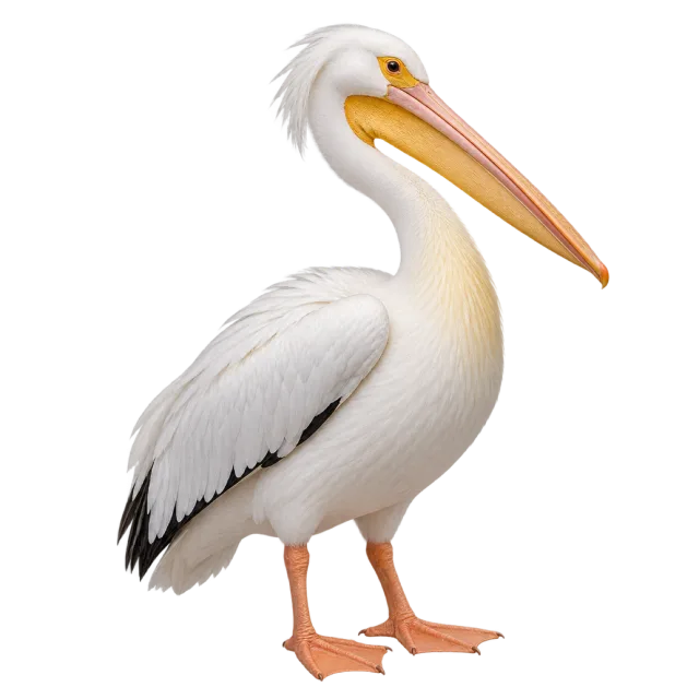 Realistic-style illustration of white pelican with white plumage and a long pale bill