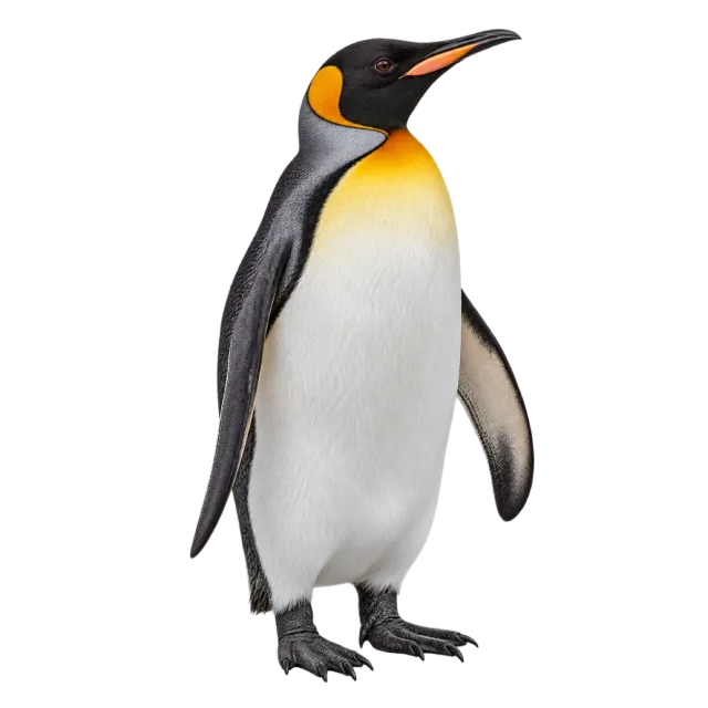 Realistic-style illustration of king penguin with black and white plumage with yellow neck markings