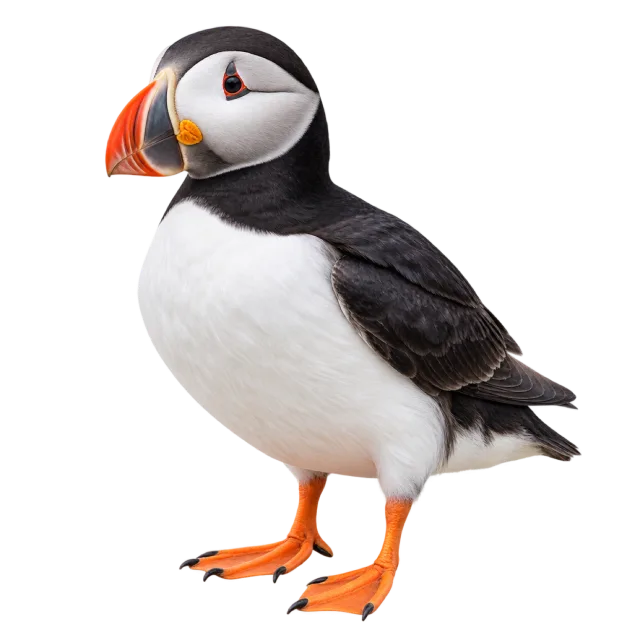 Realistic-style illustration of puffin with black and white plumage with a colorful bill