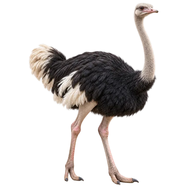 Realistic-style illustration of ostrich with long pale legs and black and white feathers