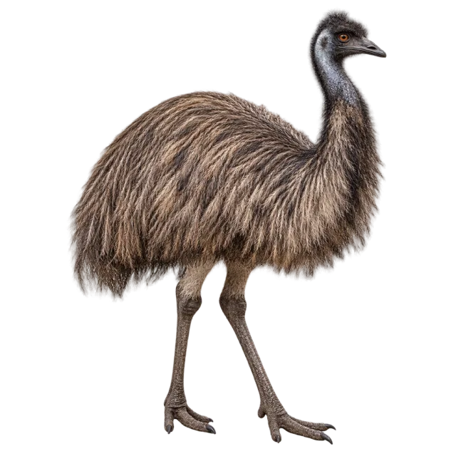Realistic-style illustration of emu with shaggy brown plumage and long legs