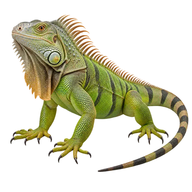 Realistic-style illustration of green iguana with green scales and a row of back spines
