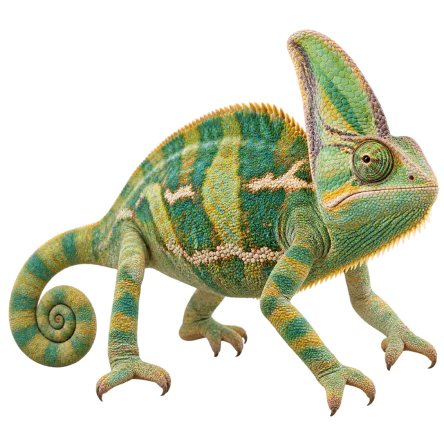 Realistic-style illustration of veiled chameleon with green patterned skin and a curled tail
