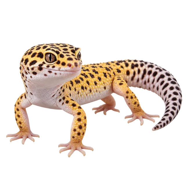Realistic-style illustration of leopard gecko with yellow skin with dark spots