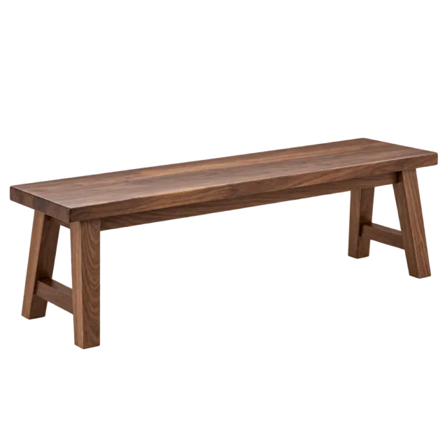 A long dark wooden bench with a flat seat and sturdy angled supports