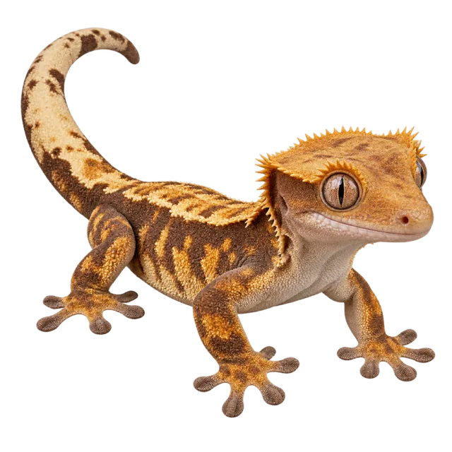 Realistic-style illustration of crested gecko with brown patterned skin and fringed head ridges