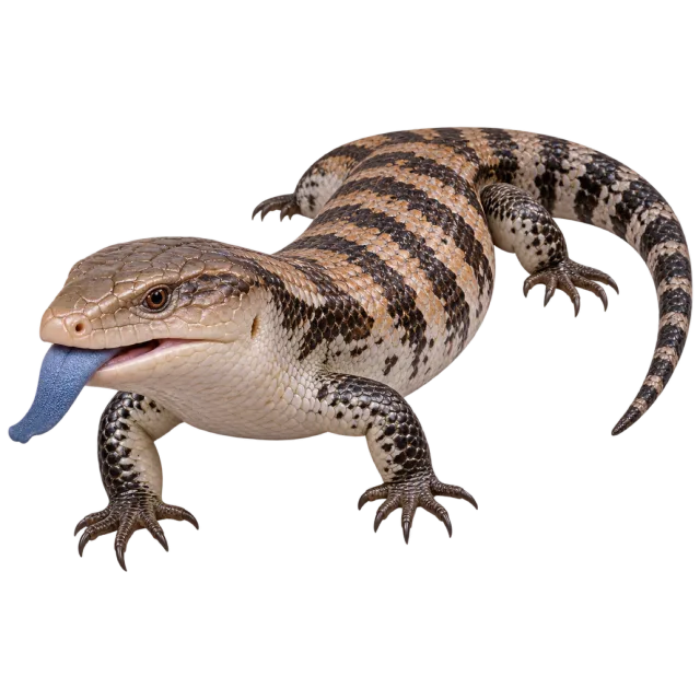 Realistic-style illustration of blue tongued skink with brown banded scales and a blue tongue