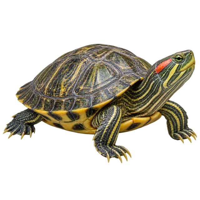 Realistic-style illustration of red eared slider turtle with a patterned shell and red head marking
