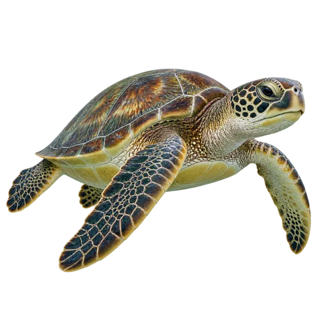 Realistic-style illustration of green sea turtle with broad flippers and a patterned shell