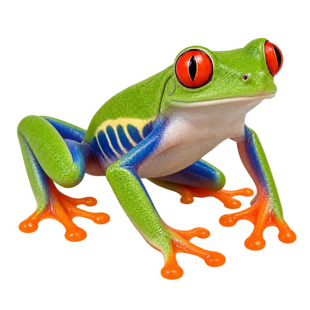 Realistic-style illustration of red eyed tree frog with bright red eyes and orange toes