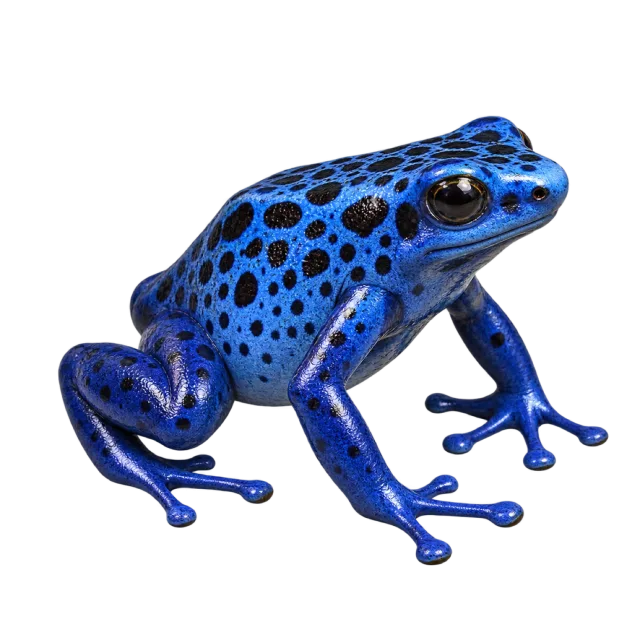 Realistic-style illustration of blue poison dart frog with blue skin with dark spots