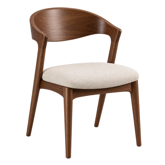A brown wooden dining chair with a curved backrest and cream upholstered seat