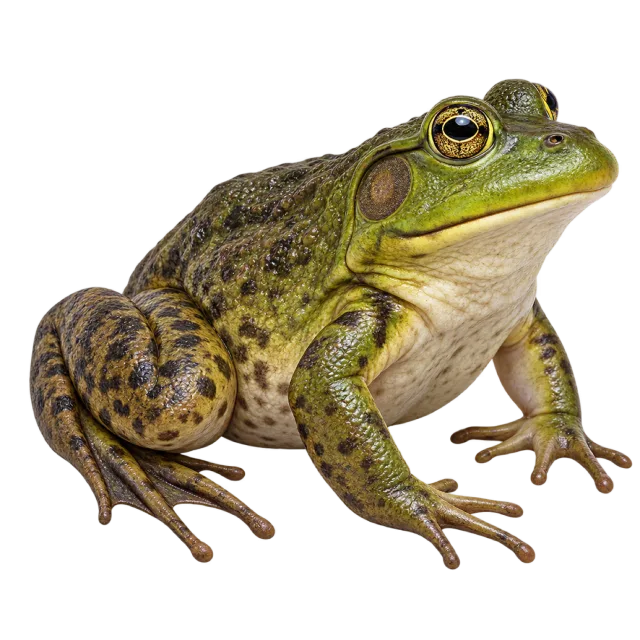 Realistic-style illustration of american bullfrog with mottled green-brown skin and a pale throat