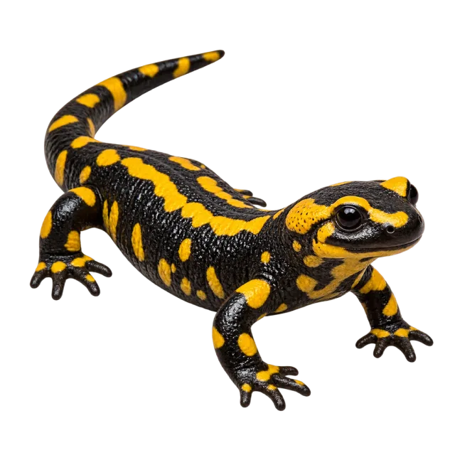 Realistic-style illustration of fire salamander with black skin with yellow markings