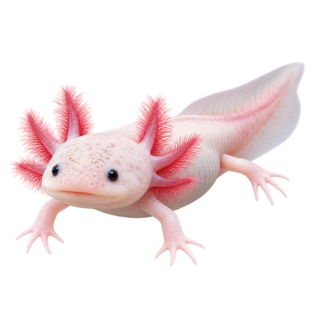 Realistic-style illustration of axolotl with pale pink skin and feathery external gills