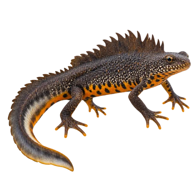 Realistic-style illustration of crested newt with a ridged back and orange belly markings