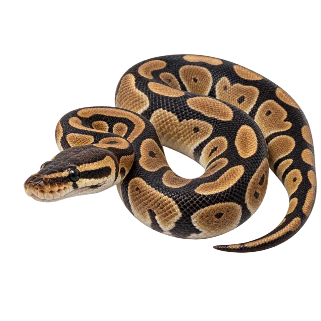 Realistic-style illustration of ball python with brown and black patterned scales