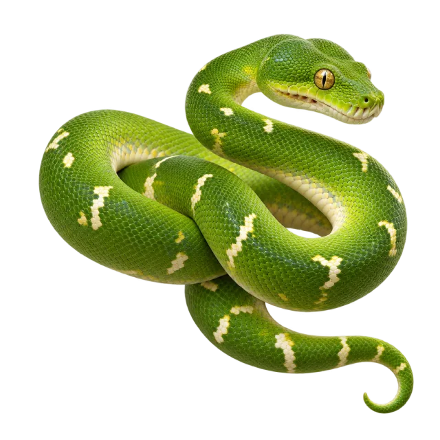 Realistic-style illustration of green tree python with green scales and a coiled body