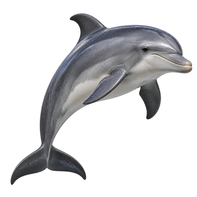 Realistic-style illustration of bottlenose dolphin with a smooth gray body and curved dorsal fin