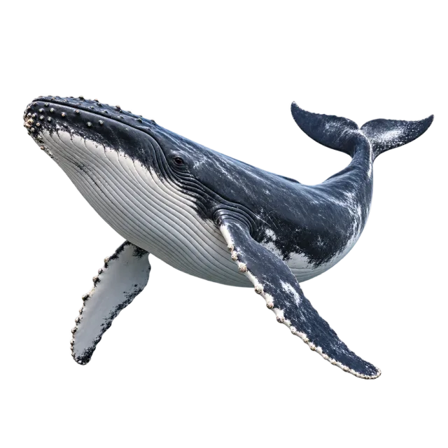 Realistic-style illustration of humpback whale with long flippers and a ridged pale underside
