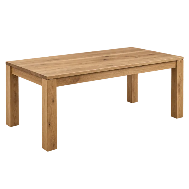 A plain rectangular dining table with a light wood top and four square legs