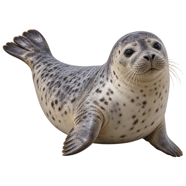 Realistic-style illustration of harbor seal with speckled gray fur and whiskers