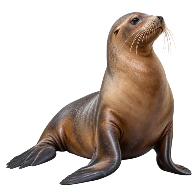 Realistic-style illustration of sea lion with brown fur and broad front flippers