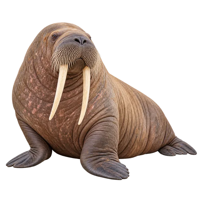 Realistic-style illustration of walrus with long pale tusks and whiskers