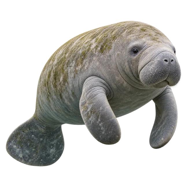 Realistic-style illustration of manatee with a rounded gray body and paddle-like flippers