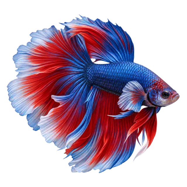 Realistic-style illustration of betta fish with flowing red and blue fins