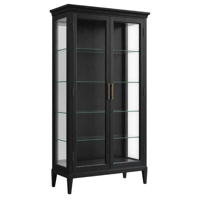 A tall black display cabinet with glass doors, interior shelves and tapered feet
