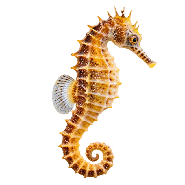 Realistic-style illustration of seahorse with a curled tail and ridged body