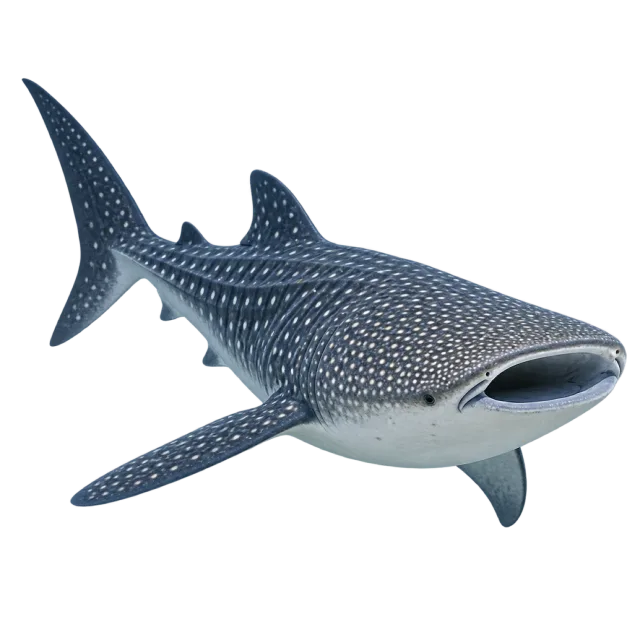Realistic-style illustration of whale shark with a spotted blue-gray body