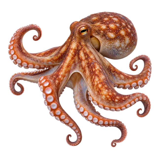Realistic-style illustration of octopus with curled arms lined with suckers
