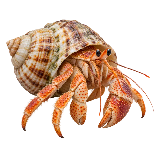 Realistic-style illustration of hermit crab with a spiral shell and orange claws