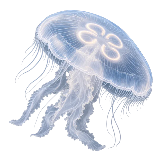 Realistic-style illustration of moon jellyfish with a translucent bell and fine trailing tentacles
