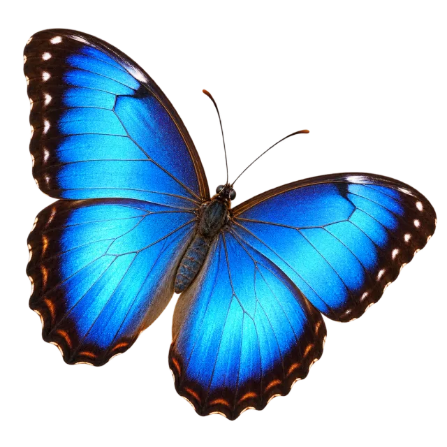 Realistic-style illustration of blue morpho butterfly with bright blue wings with dark edges