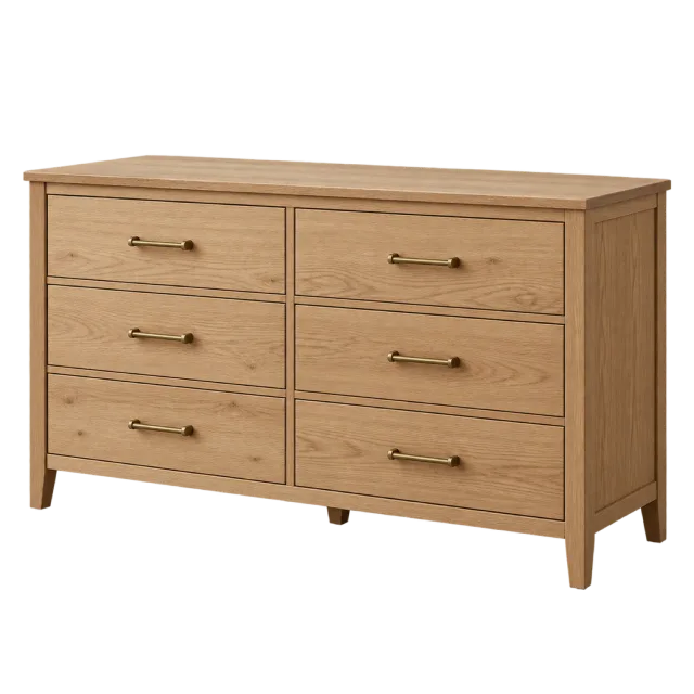A light wood dresser with six drawers and slim metal handles