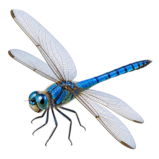 Realistic-style illustration of blue dragonfly with blue coloring and transparent wings