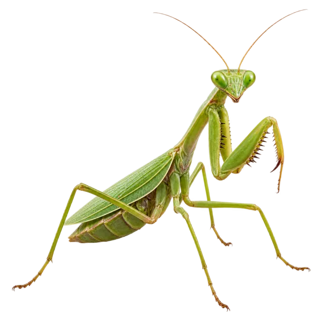 Realistic-style illustration of praying mantis with a green body and folded forelegs