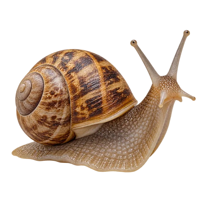 Realistic-style illustration of garden snail with a spiral shell and long eye stalks