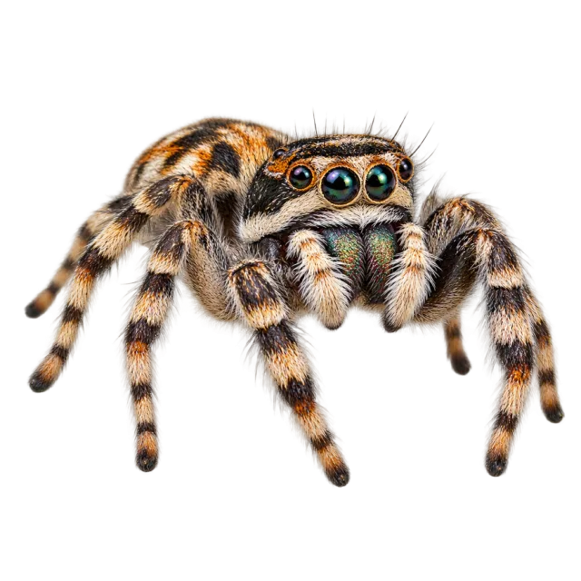 Realistic-style illustration of jumping spider with large forward-facing eyes and hairy legs