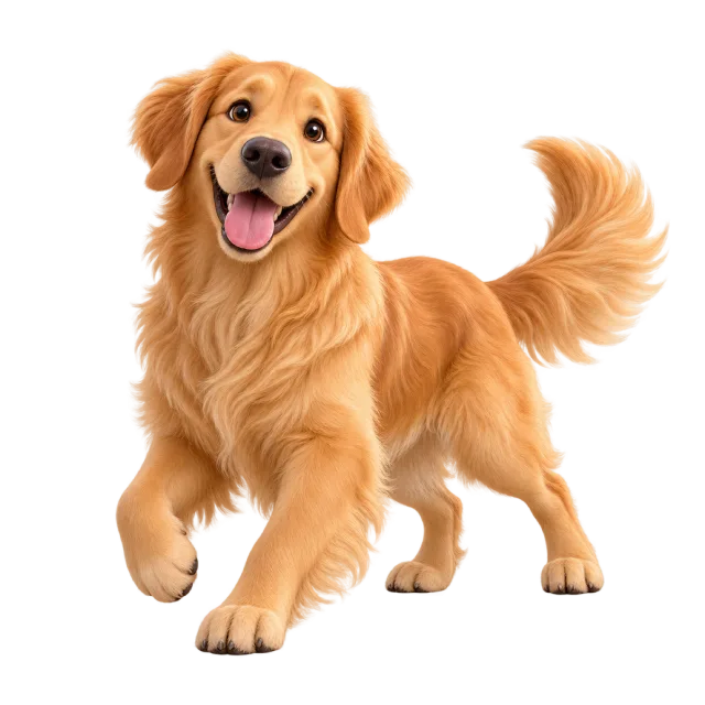 3D-style character illustration of golden retriever with golden fur, floppy ears and a feathery tail and one front paw lifted