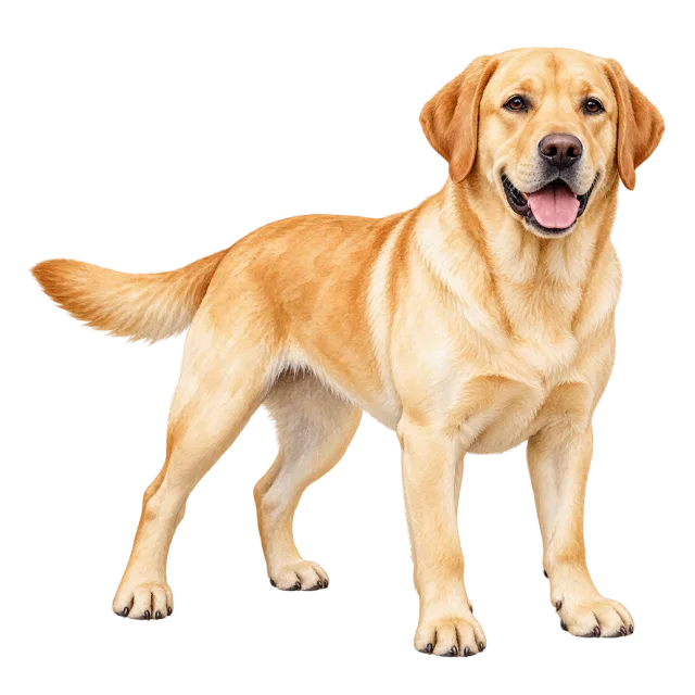 Watercolor-style illustration of labrador retriever with pale golden fur and floppy ears