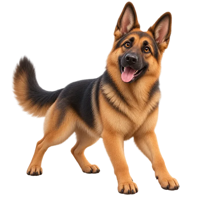 3D-style character illustration of german shepherd with black and tan fur with upright ears