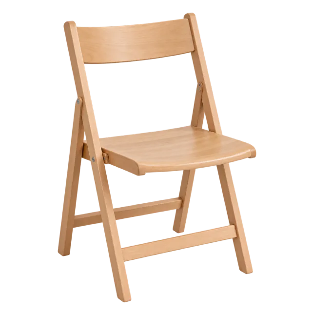 A simple light wood folding chair with a slatted frame and solid seat